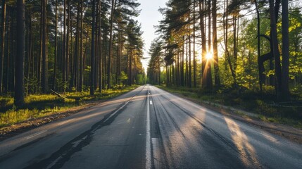 Obraz premium Country road passing through a forest with the sunset shining through the trees