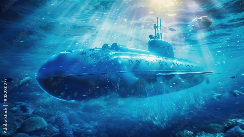 Poster underwater scene of a submarine floating near school of fish, suitable for use in documentaries or e