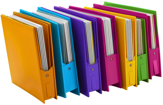 Set of icon document folder file business objects of different colors isolated. Paperwork storage organization, work data archive, computer directory portfolio, bureaucracy, bookkeeping management