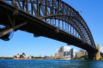 Sydney Opera House under the Sydney Harbour Bridge on the shores of Sydney Harbour, New South Wales, Australia