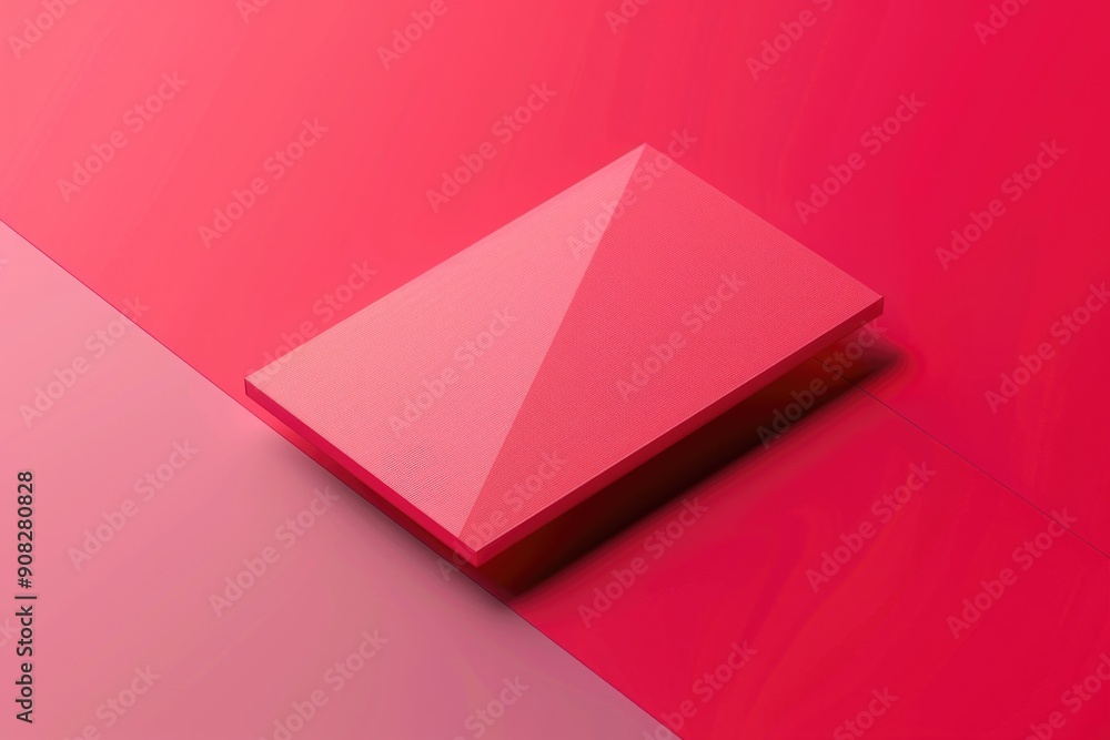 Poster a small red box sits atop a bright pink surface, with a smooth and even texture