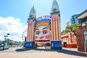 Sydney, Australia - Mar 1, 2016: Entrance to the Luna Park Sydney through the mouth of a giant...