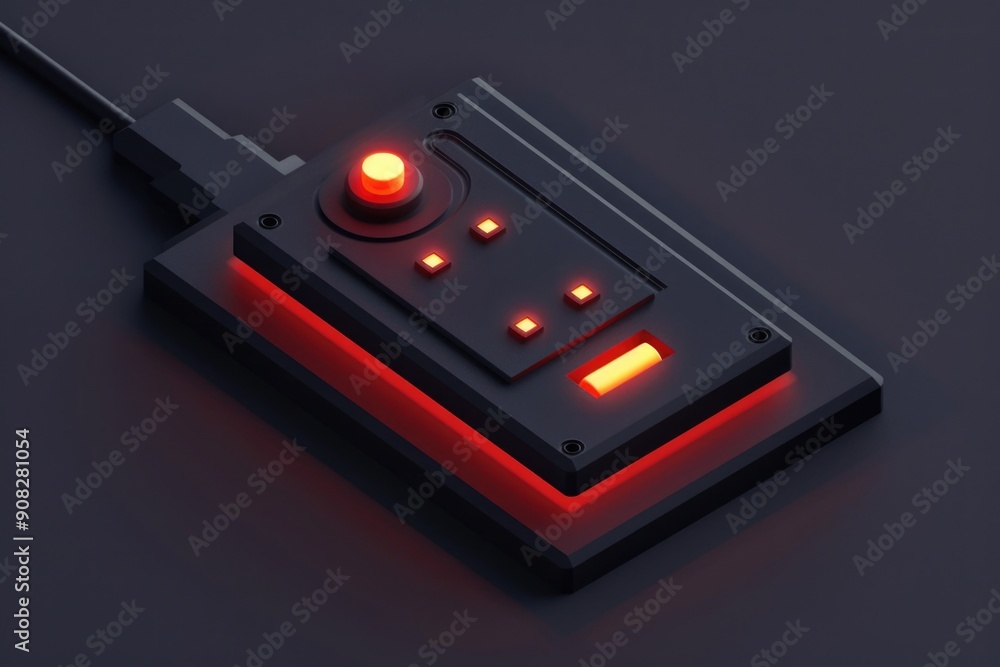 Poster a close-up view of an electronic device with a red light, suitable for use in technology-related or 