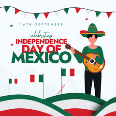 Mexico Independence Day. 16th Sept Independence day of Mexico celebration banner with its flag, a man wearing mexican cap, holding guitar, abstract art decor in its flag colors. 