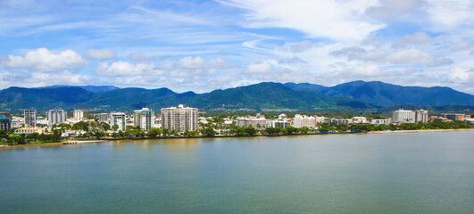 Aerial view of the Cairns waterfront as seen from a helicopter flying above the Coral Sea in northern Queensland, Australia