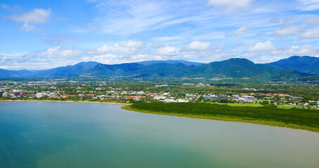 Aerial view of the Cairns waterfront as seen from a helicopter flying above the Coral Sea in northern Queensland, Australia