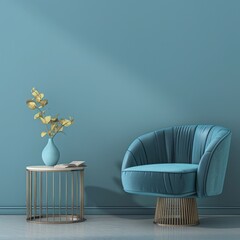 blue solid color background with an armchair