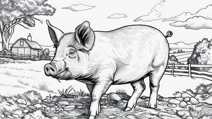 Fototapeta premium Pig swine animal in rural countryside village nature field meadow coloring book page outline contour monochrome illustration drawing. Farm sketch, children kids hand drawn art, domestic livestock