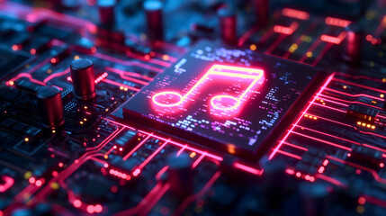 Fototapeta premium Glowing music note symbol sing on circuit board. Musical melody sound record technology, computer song tone composition, play entertainment audio, business connection