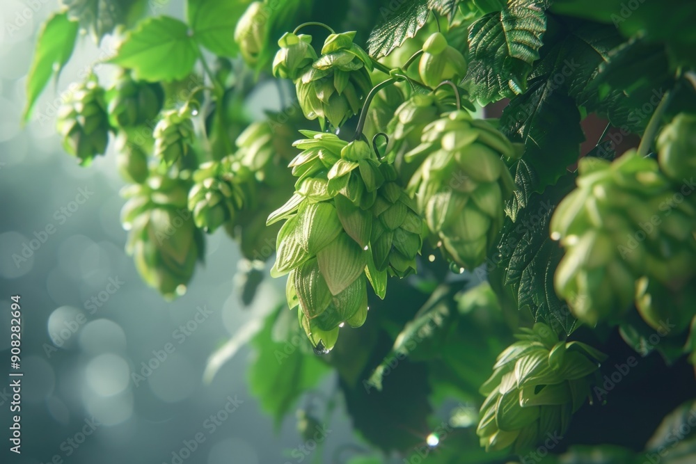 Poster a cluster of green hops hangs from a tree branch, ideal for using in nature-inspired compositions or