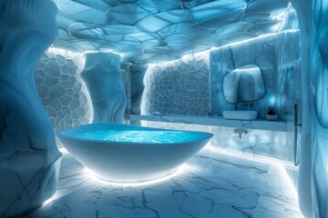 Futuristic bathroom interior with a large bathtub, blue lighting, and unique wall textures.