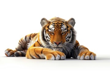 Obraz premium A tiger is seen lying down on a clean white surface, its fur glistening in the light
