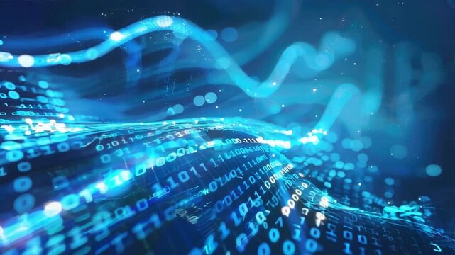  digital representation of binary code flowing in a blue, futuristic background