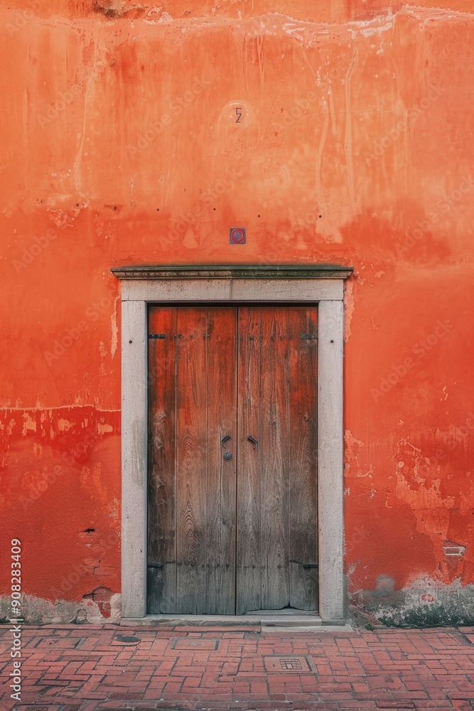 Aufkleber a classic red building with a wooden door and a brick sidewalk, suitable for use in architecture, re