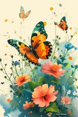 Obraz premium Butterflies and flowers in a colorful illustration. Watercolor art.
