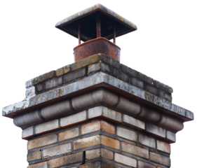 Exterior view of red orange old vintage brick wall architecture structure chimney on house or home building roof isolated on transparent background. Environment pollution, masonry, outdoor