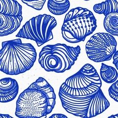 Azure blue white shell motif with linen seamless batik background, Modern coastal beach cottage rustic shell block print home decor pattern design in sealife beach style.