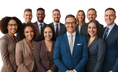Team of modern startup company, diverse group of professional businesspeople, multicultural women and men in formal attire, smiling confidently