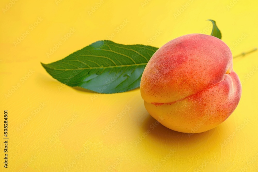 Aufkleber a single peach with a leaf sitting on a yellow surface