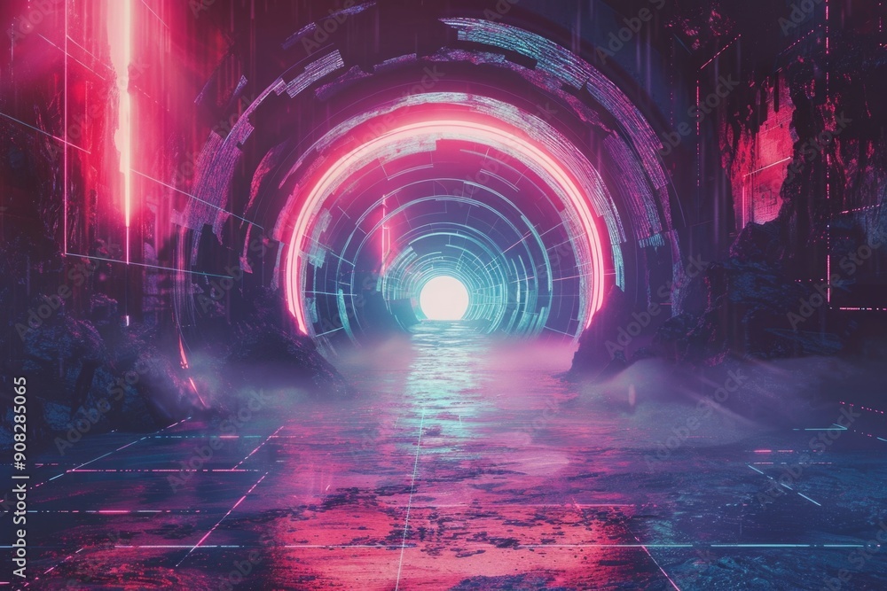 Poster A dark tunnel with a neon light at the end, perfect for representing a path to discovery or escape