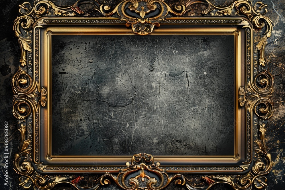 Poster a decorative gold frame on a distressed or worn-out wall, perfect for use in designs related to luxu