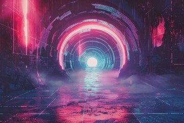 A dark tunnel with a neon light at the end, perfect for representing a path to discovery or escape