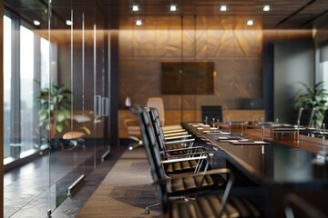 A modern conference room with a long table and chairs, ideal for meetings or presentations