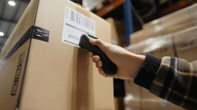 Closeup of hand holding digital bar code label laser scanner in warehouse full of boxes. Factory store order check, inventory logistic and shipping equipment, industry business technology reader