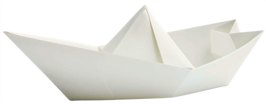 White paper boat isolated. Origami sailboat ship toy freedom concept, tourism cruise journey, explore adventure, brave, resilience, hope, fragility, vulnerability