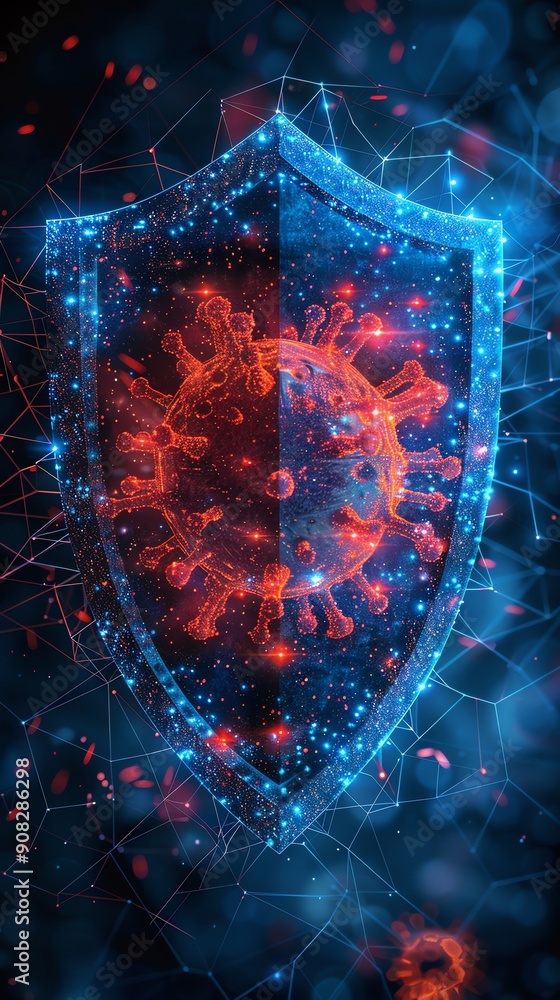 Poster digital representation of a shield protecting against a virus, symbolizing cybersecurity and protect