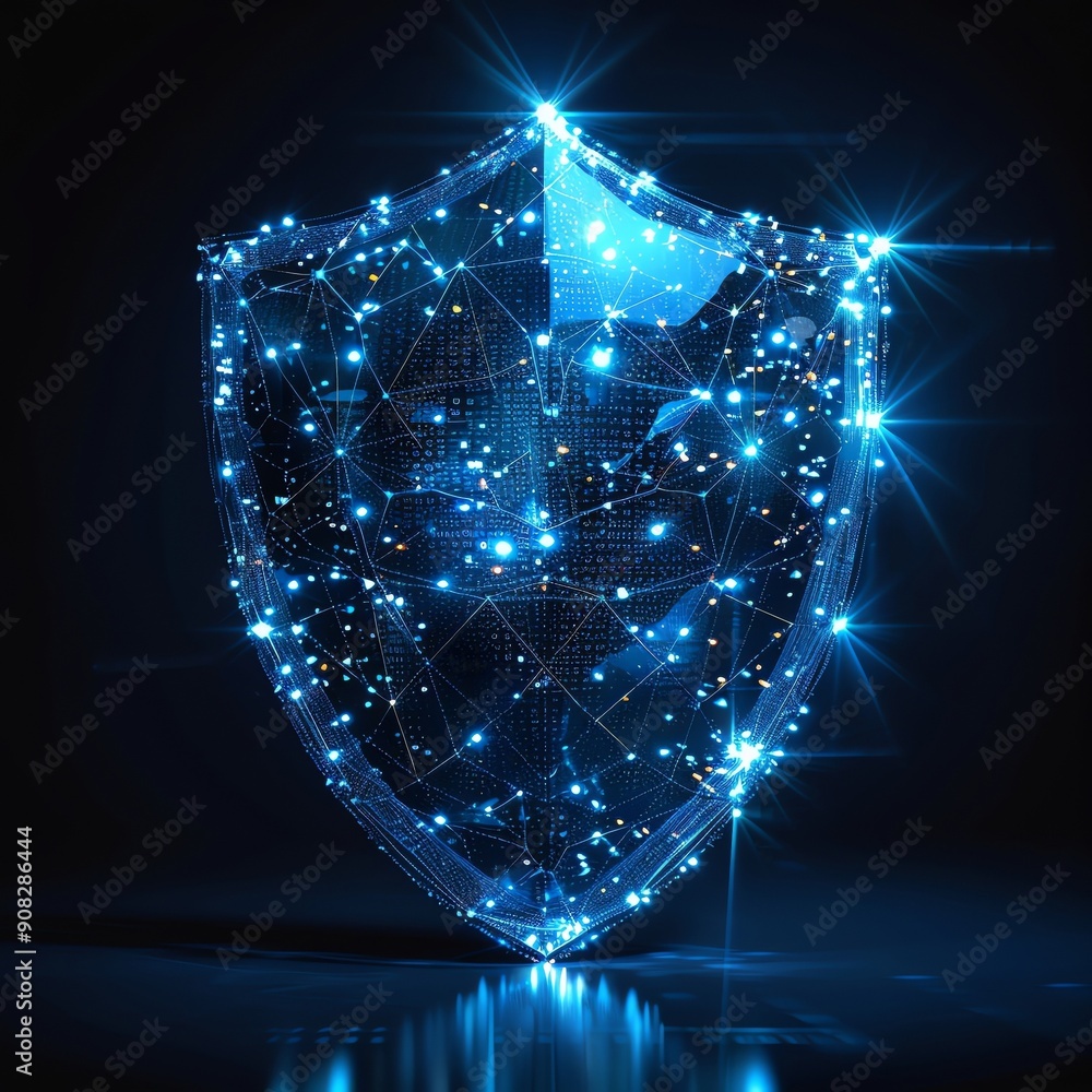 Poster digital shield symbolizing cybersecurity, data protection, and secure networking in a futuristic, gl