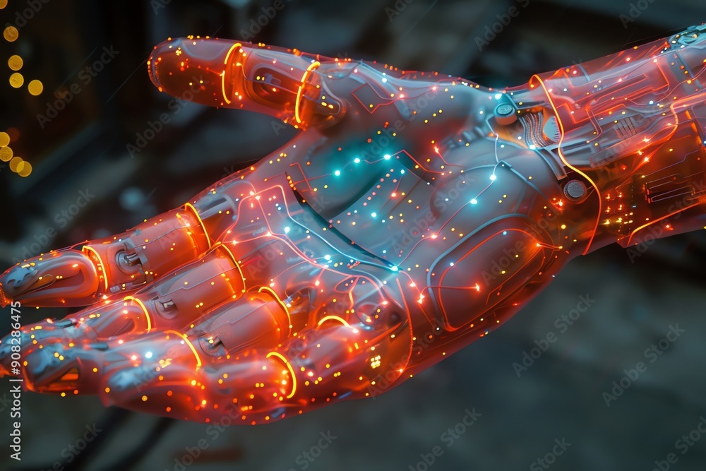 Poster futuristic robotic hand illuminated with vibrant led lights, showcasing advanced technology and inno