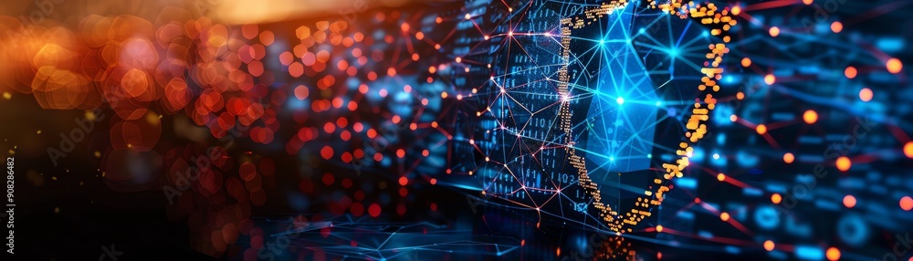 Poster digital security concept with glowing network connections and protection shield. cybersecurity, data
