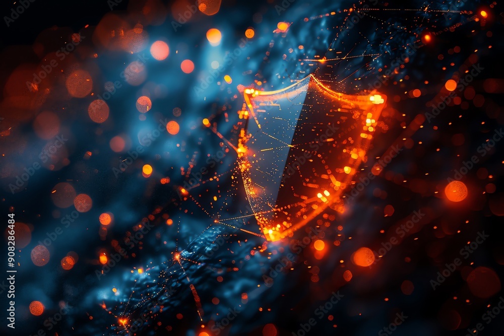 Poster glowing digital shield symbolizing online security and data protection in a network of blue and oran