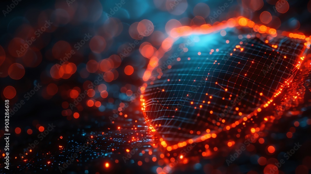 Poster abstract digital shield with glowing neon lights, representing cybersecurity and data protection in 