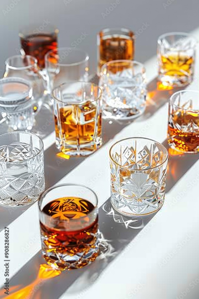 Poster a row of glasses filled with various types of alcohol, suitable for use in articles about drinks or 