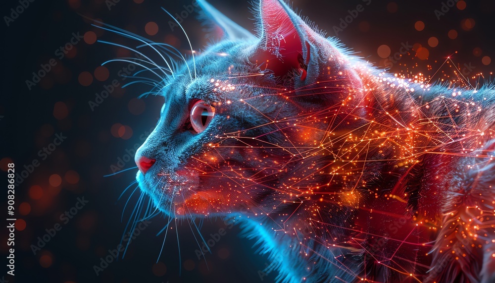 Poster futuristic digital artwork featuring a cat with neon lights and glowing particle effects, emphasizin