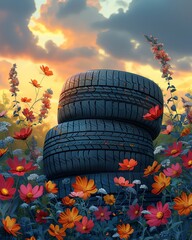 Obraz premium Stacked tires among vibrant flowers at sunset, blending industrial and natural elements in a beautiful outdoor scene.