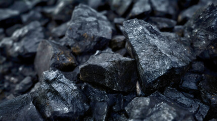 Closeup of pile of coal texture. Black charcoal industry mine fossil pieces, natural carbon mineral stone material resource, dark ember