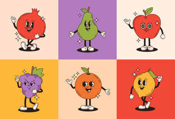 Set of retro groovy fruit characters. Pomegranate, grapes, pear, orange, apple, lemon. Vector flat illustration.