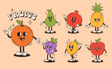 Set of retro groovy fruit characters. Pomegranate, grapes, pear, orange, apple, lemon, peach, pineapple. Vector flat illustration.