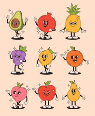 Set of retro groovy fruit characters. Pomegranate, grapes, pear, orange, apple, lemon, avocado, peach, pineapple. Vector flat illustration.