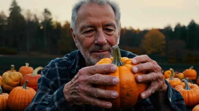 An elderly man with a plaid flannel shirt and a weathered face sits in front of a pumpkin patch affectionately holding a small gourd in his hands.