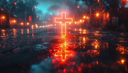 Naklejka premium A glowing neon cross reflected on a wet street at night, surrounded by colorful lights and rain, creating a dramatic and serene atmosphere.