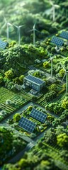 Aerial view of a sustainable farm with solar panels and wind turbines, representing renewable energy and eco-friendly practices.