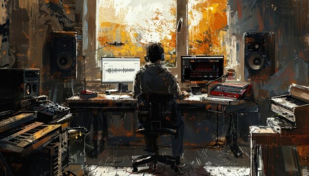 A digital artist works in a cozy studio, surrounded by monitors and equipment, creating innovative content on his computer.
