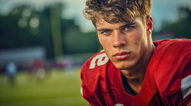 Portrait of young American football player wearing uniform, looking at camera. Young man sport game play, professional athlete, league, training, competition, standing on field, strenth
