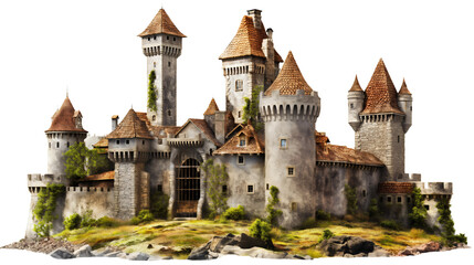 Obraz premium Castle building on a hill isolated on transparent background. Old fortress palace tower architecture, ancient royal medieval stone construction, kingdom house gate, antique fantasy monument wall