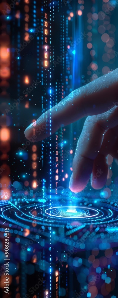 Poster a hand interacts with a futuristic holographic interface. digital technology and innovation concept 