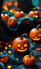 Glowing Jack-o'-Lanterns on a Dark Background.